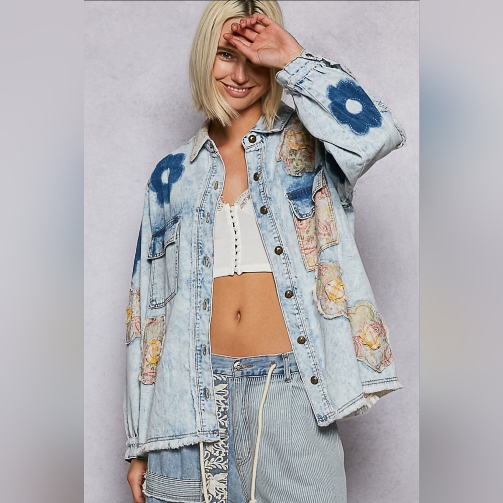 #815 POL Floral Denim Patchwork Jacket